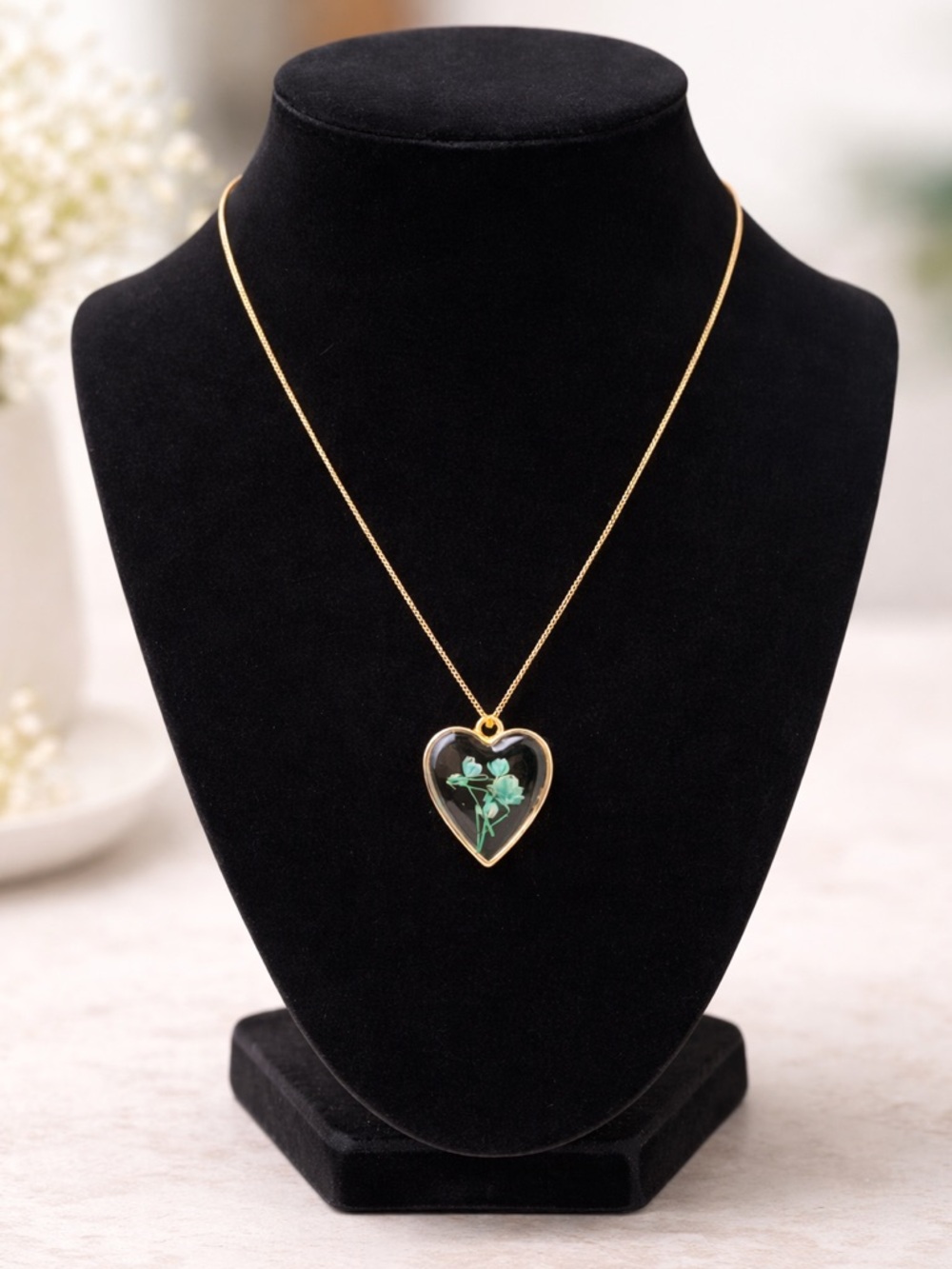 Handmade Gold Heart Pendant Necklace with Green Floral Inlay
